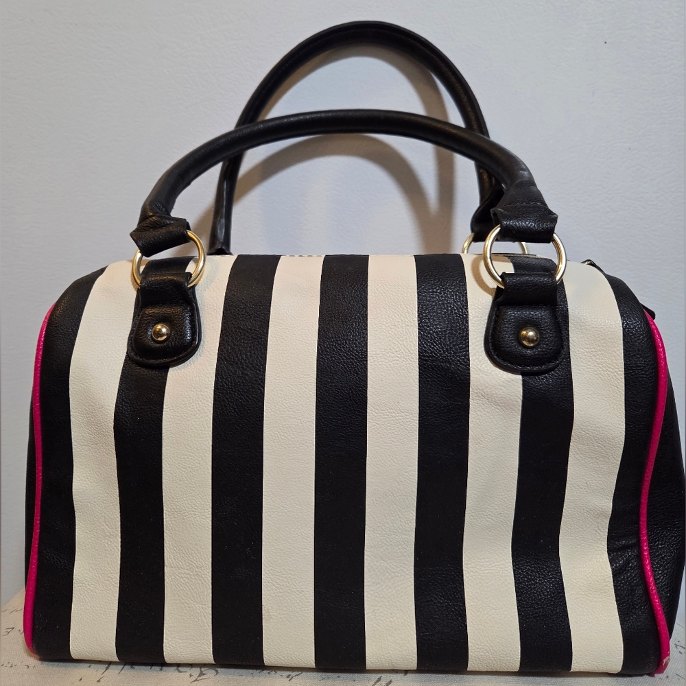 SOLD Betsey Johnson Black and White Striped Satchel w/Pink Accents - Picture 11 of 14